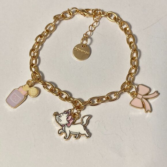 Disney Aristocats Marie Cat Charm Bracelet Pink Bow Signed 7-8" White Gold Tone - Picture 5 of 13
